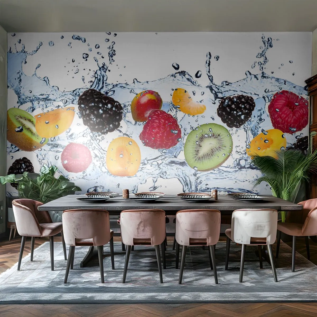 Fototapete Premium Canvas - Bunte Früchte in Wasserspritzern auf weißem Hintergrund eingetaucht - 100x70cm - Viel Spaß mit uns - Moderne Wanddekoration für Wohnzimmer und Schlafzimmer ARTTOR