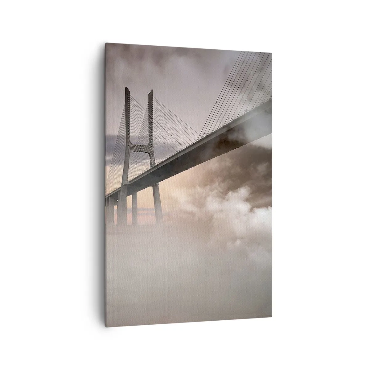 Bild auf Leinwand - Leinwandbild - Eine Brücke über einen Fluss, umgeben von Nebel am Morgen - 80x120cm - Auf dem Fluss, den es nicht gibt - Moderne Wanddekoration für Wohnzimmer und Schlafzimmer ARTTOR