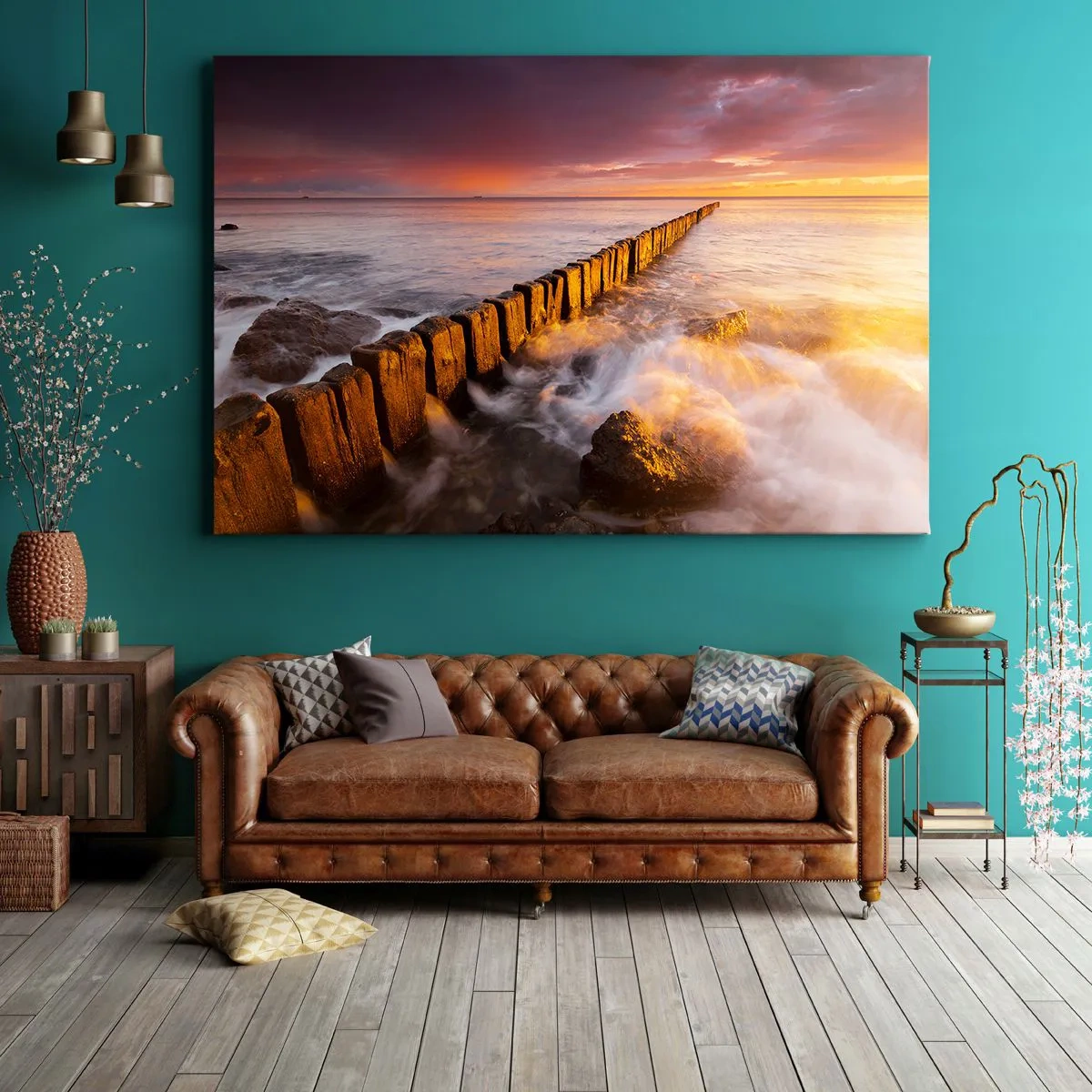 Bild auf Leinwand - Leinwandbild - Eine malerische Landschaft am Meer bei Sonnenuntergang - 120x80cm - Die Sanftheit der Wellen - Moderne Wanddekoration für Wohnzimmer und Schlafzimmer ARTTOR
