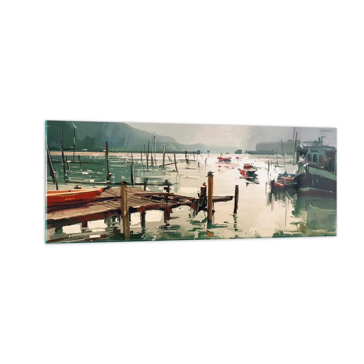 Glasbild - Bild auf glas - Ein malerischer Hafen mit Booten auf ruhigem Wasser - 140x50cm - Durchnässt in einem geschmolzenen Mond - Moderne Wanddekoration für Wohnzimmer und Schlafzimmer ARTTOR