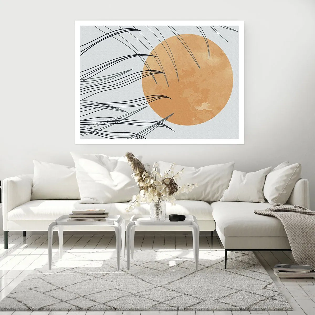 Poster - Abstrakte Grashalme vor dem Hintergrund einer großen orangefarbenen Sonne - 100x70cm - Immer der Sonne entgegen - Moderne Wanddekoration für Wohnzimmer und Schlafzimmer ARTTOR