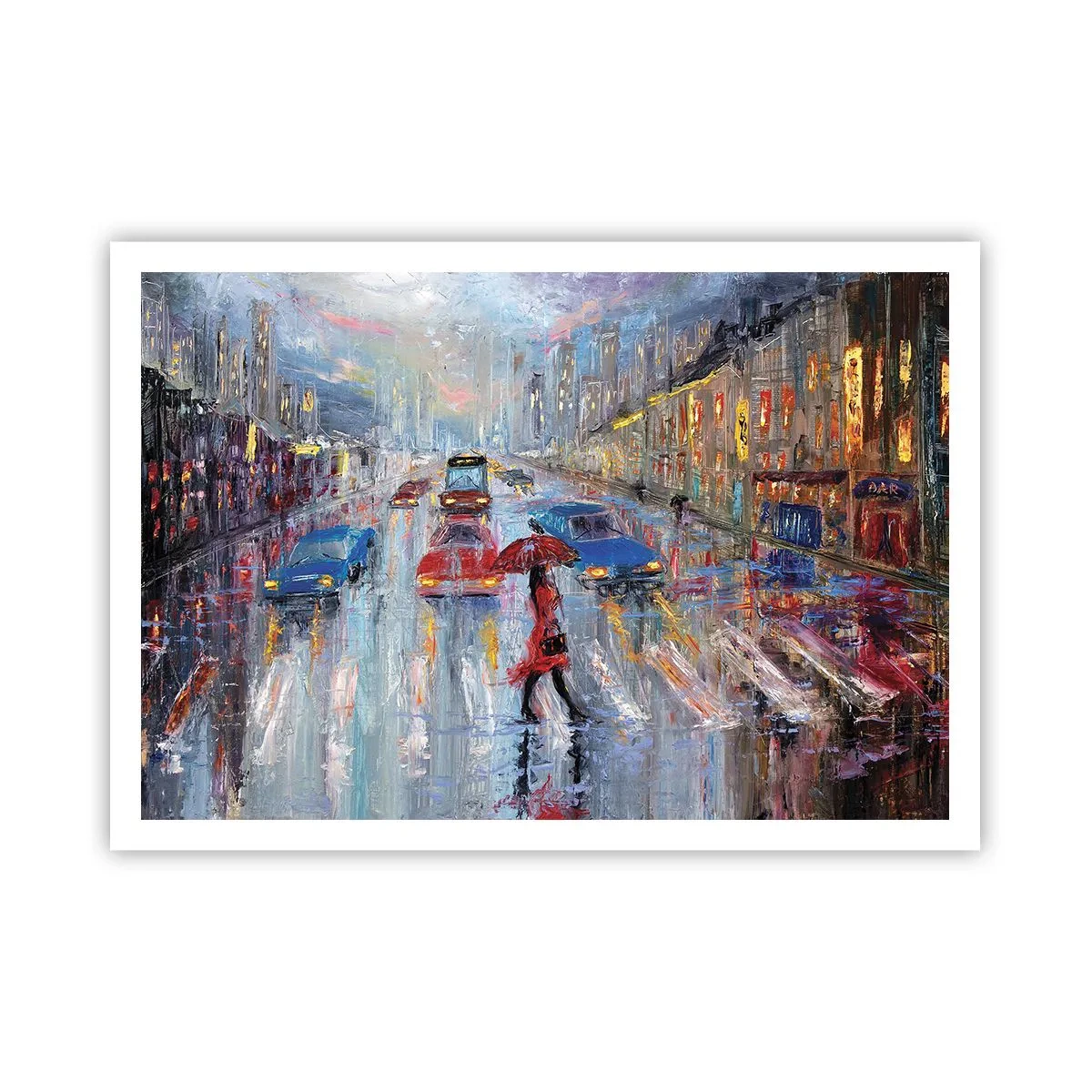 Poster - Eine Frau mit einem Regenschirm auf einer verregneten Straße im Neonlicht. - 100x70cm - Regnerischer Nachmittag in der Stadt - Moderne Wanddekoration für Wohnzimmer und Schlafzimmer ARTTOR