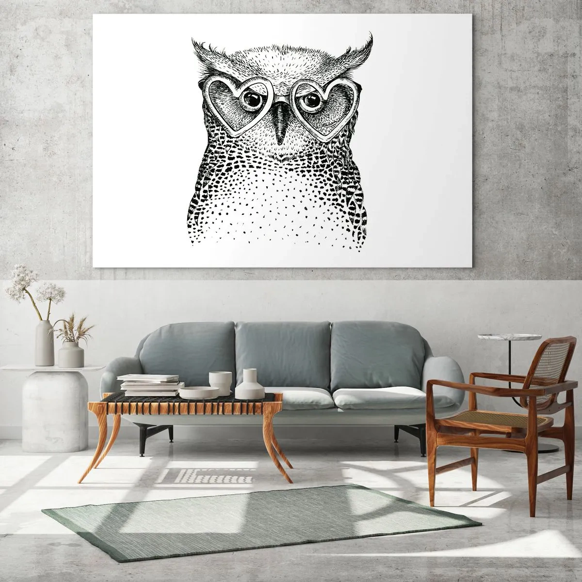 Glasbild - Bild auf glas - Abbildung einer Eule mit herzförmiger Brille - 120x80cm - Klug und mit Liebe - Moderne Wanddekoration für Wohnzimmer und Schlafzimmer ARTTOR