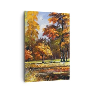Bild auf Leinwand - Leinwandbild - Herbstlandschaft mit bunten Bäumen und einem Teich - 50x70cm - Landschaft in Gold und Bronze - Moderne Wanddekoration für Wohnzimmer und Schlafzimmer ARTTOR