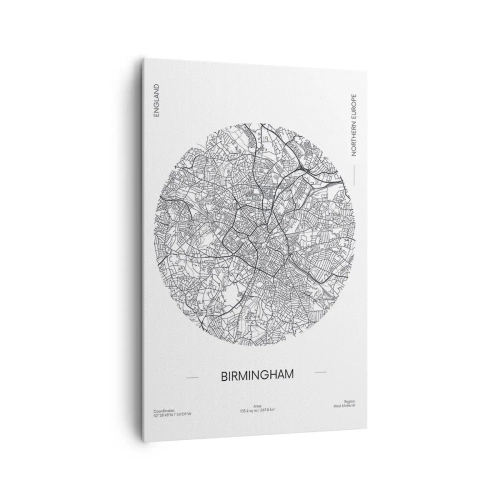 Bild auf Leinwand - Leinwandbild - Eine minimalistische Schwarzweißkarte von Birmingham mit präzisen Details. - 80x120cm - Anatomie von Birmingham - Moderne Wanddekoration für Wohnzimmer und Schlafzimmer ARTTOR