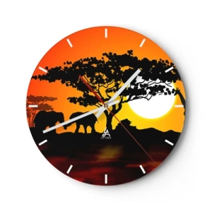 Wanduhr - Glasuhr - Afrikanische Landschaft mit Silhouetten von Bäumen und Tieren bei Sonnenuntergang - 30x30cm - Treffen in der Savanne - Moderne Wanddekoration für Wohnzimmer, Küche und Schlafzimmer ARTTOR