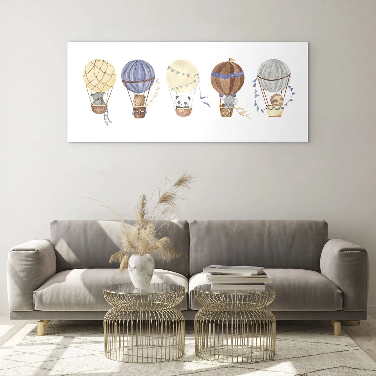 Glasbild - Bild auf glas - Niedliche Tiere in Luftballons auf weißem Hintergrund - 160x50cm - Freunde auf Reise - Moderne Wanddekoration für Wohnzimmer und Schlafzimmer ARTTOR