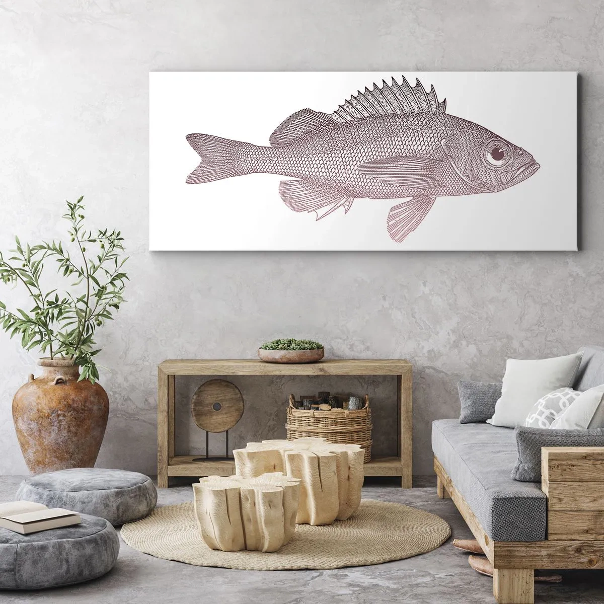 Bild auf Leinwand - Leinwandbild - Detaillierte Darstellung eines Fisches auf weißem Hintergrund - 120x50cm - Großäugiger Fisch - Moderne Wanddekoration für Wohnzimmer und Schlafzimmer ARTTOR