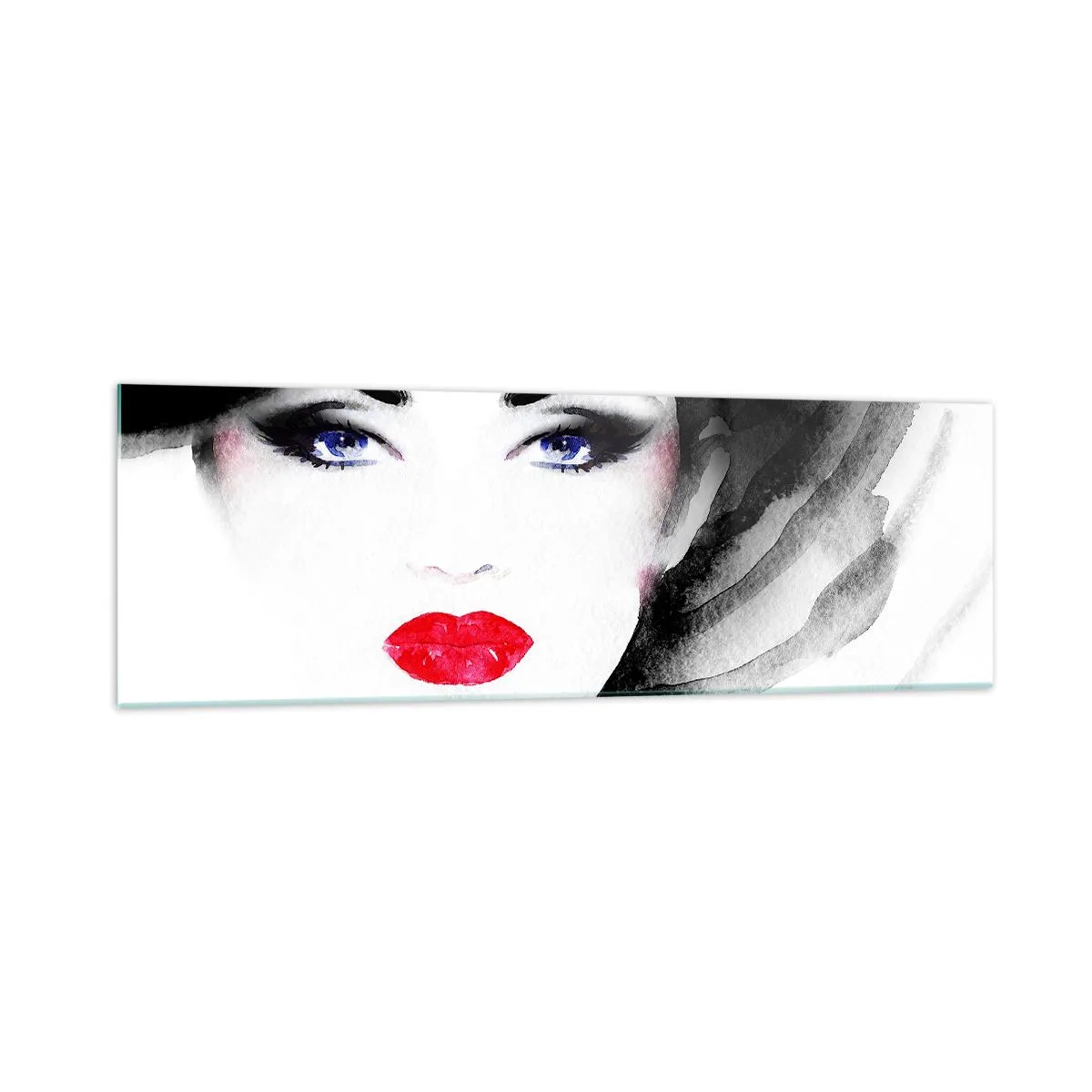 Glasbild - Bild auf glas - Porträt einer Frau mit roten Lippen und intensiven blauen Augen - 160x50cm - Er drückt zurück und ruft an - Moderne Wanddekoration für Wohnzimmer und Schlafzimmer ARTTOR