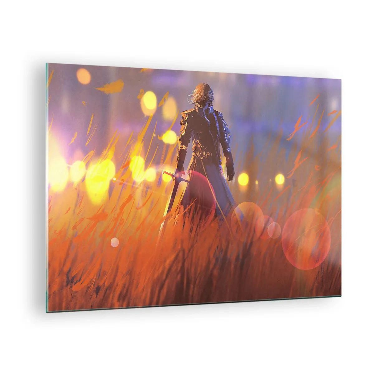Glasbild - Bild auf glas - Eine Figur in Rüstung inmitten orangefarbenen Grases vor leuchtendem Hintergrund. - 70x50cm - Fahrender Ritter - Moderne Wanddekoration für Wohnzimmer und Schlafzimmer ARTTOR