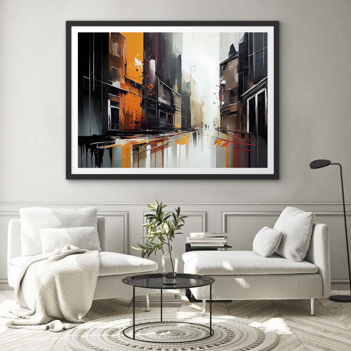 Poster in einem schwarzem Rahmen - Abstrakte Ansicht einer Stadtstraße im Regen - 70x50cm - Regnerischer Tag - Moderne Wanddekoration für Wohnzimmer und Schlafzimmer ARTTOR