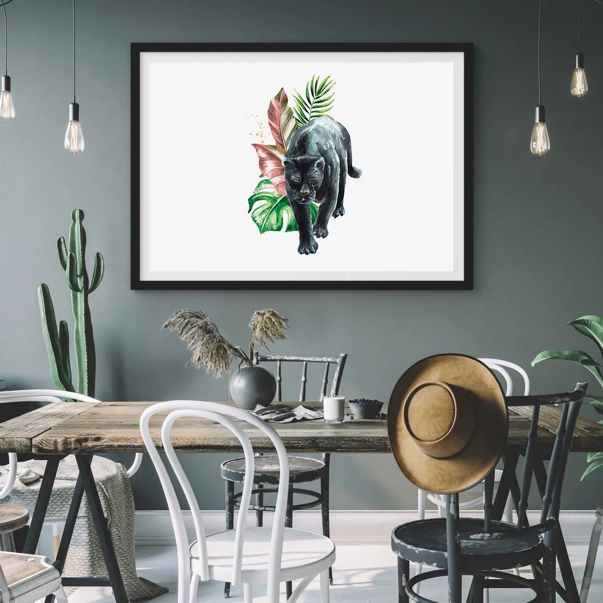 Poster in einem schwarzem Rahmen - Schwarzer Panther, umgeben von tropischen Blättern - 70x50cm - Wildheit des Herzens - Moderne Wanddekoration für Wohnzimmer und Schlafzimmer ARTTOR