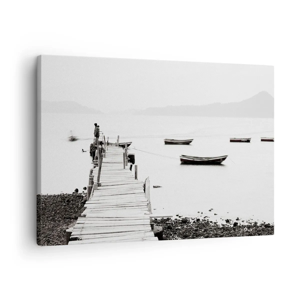Bild auf Leinwand - Leinwandbild - Holzsteg und Boote auf ruhigem Wasser - 70x50cm - Ruhig und sauber über dem Wasser - Moderne Wanddekoration für Wohnzimmer und Schlafzimmer ARTTOR