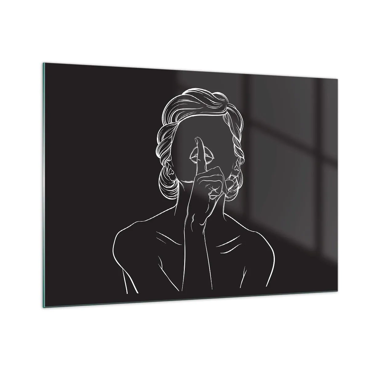 Glasbild - Bild auf glas - Eine minimalistische Silhouette einer Frau, die eine Geste des Schweigens macht. - 100x70cm - Schönheit erblüht in der Stille - Moderne Wanddekoration für Wohnzimmer und Schlafzimmer ARTTOR