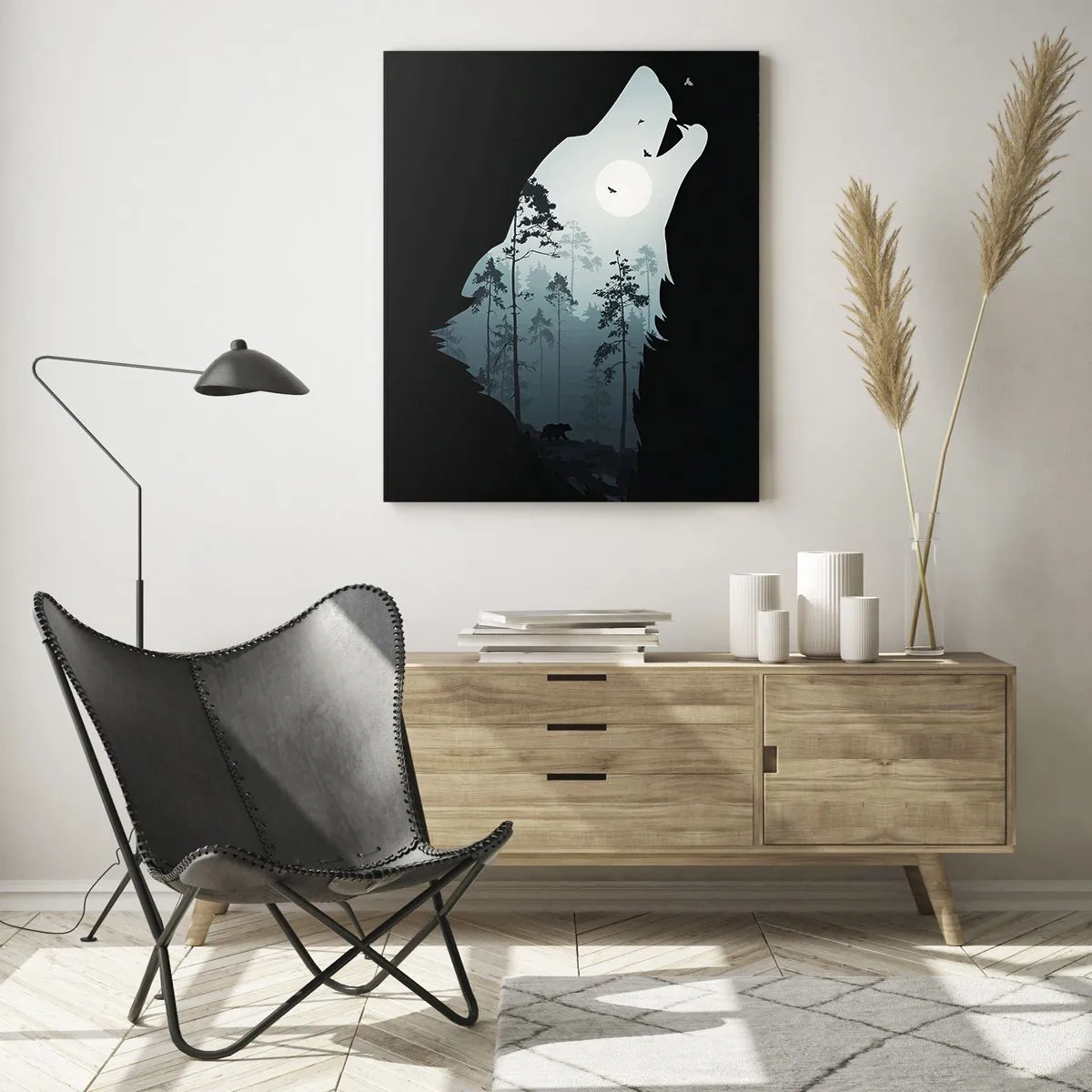 Glasbild - Bild auf glas - Silhouette eines Wolfes mit Wald und Mond im Hintergrund - 70x100cm - Die Stimme der Waldnacht - Moderne Wanddekoration für Wohnzimmer und Schlafzimmer ARTTOR