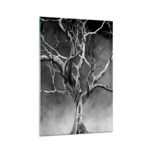 Glasbild - Bild auf glas - Ein trockener Baum in Schwarz und Weiß gegen den Nebel - 70x100cm - Ursprünglich und heilig - Moderne Wanddekoration für Wohnzimmer und Schlafzimmer ARTTOR