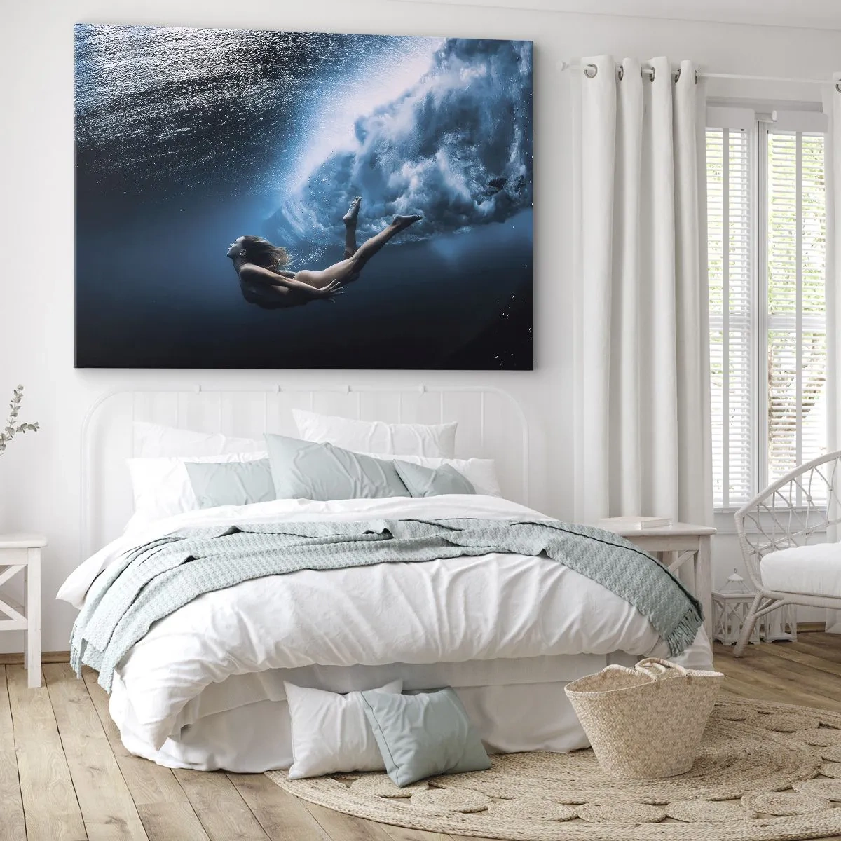 Bild auf Leinwand - Leinwandbild - Unterwasseraufnahme mit einer Frau und Luftblasen - 120x80cm - Moderne Meerjungfrau - Moderne Wanddekoration für Wohnzimmer und Schlafzimmer ARTTOR