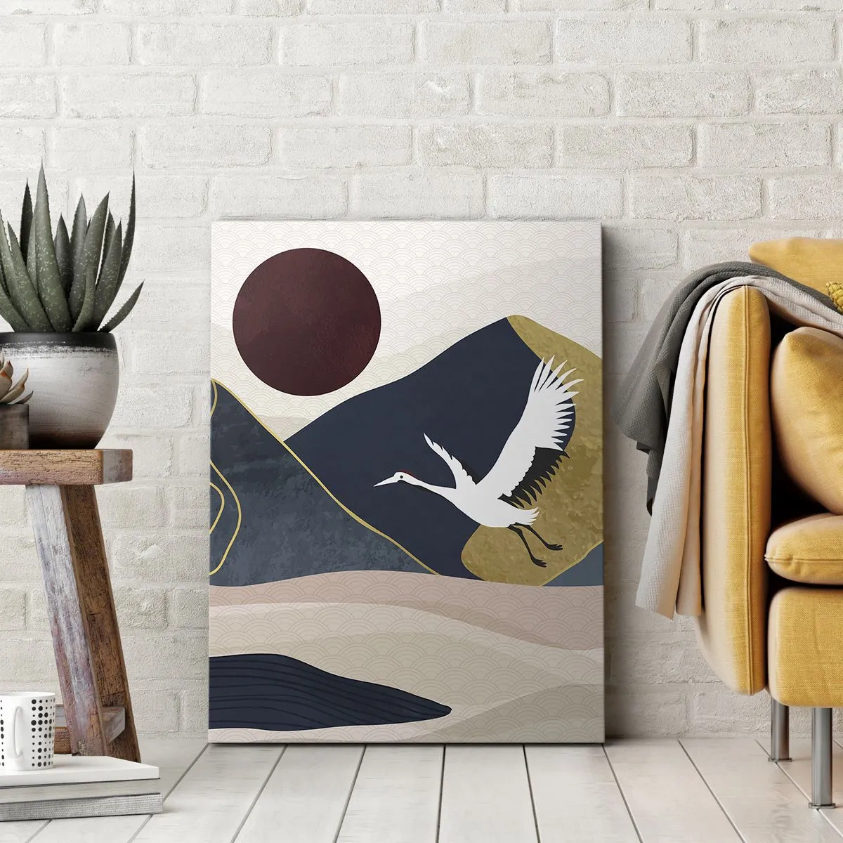 Bild auf Leinwand - Leinwandbild - Kraniche im Flug vor der Kulisse der Berge und einer roten Sonne - 70x100cm - Es ist wieder ein Tag VERFLOGEN - Moderne Wanddekoration für Wohnzimmer und Schlafzimmer ARTTOR