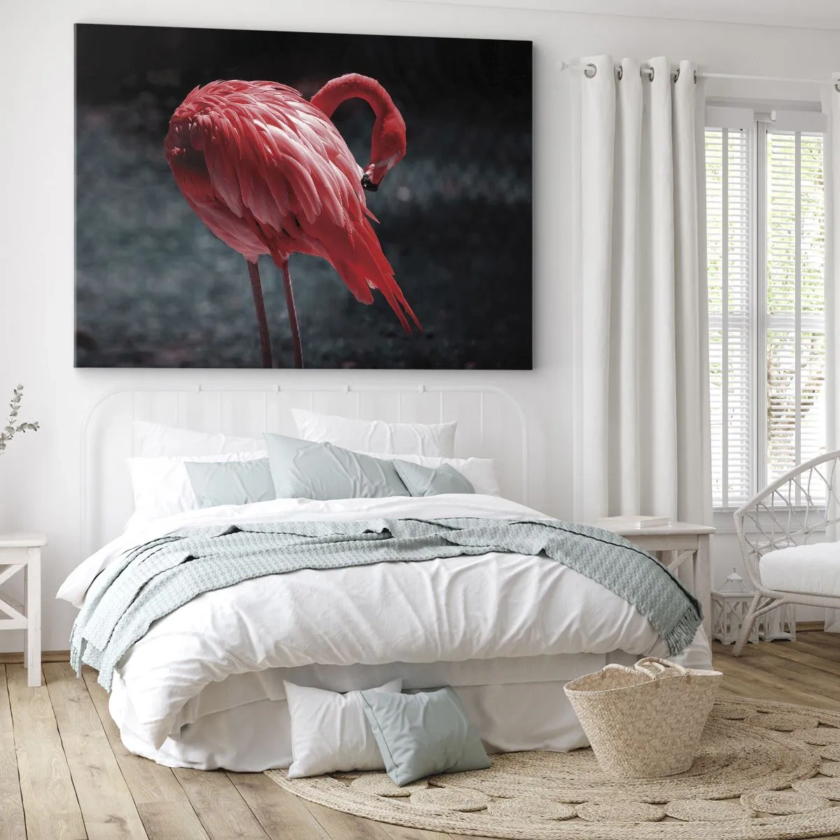 Bild auf Leinwand - Leinwandbild - Ein rosa Flamingo auf dunkelgrünem Hintergrund - 70x50cm - Ein purpurrotes Gedicht der Natur - Moderne Wanddekoration für Wohnzimmer und Schlafzimmer ARTTOR