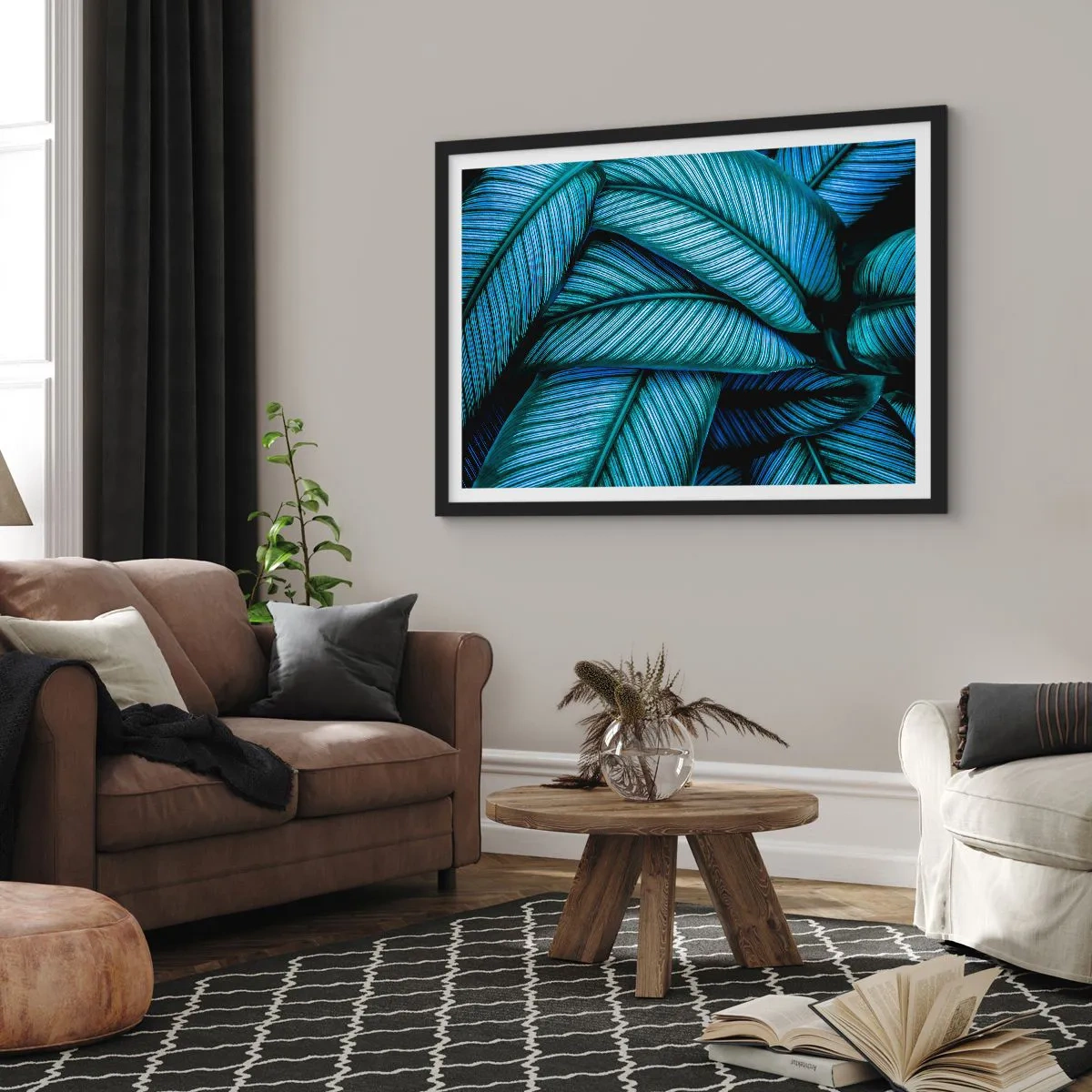 Poster in einem schwarzem Rahmen - Eine Nahaufnahme von türkisfarbenen Blättern mit lebendigen Details. - 70x50cm - Lebenslinien - Moderne Wanddekoration für Wohnzimmer und Schlafzimmer ARTTOR