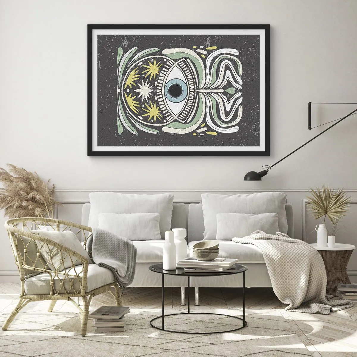 Poster in einem schwarzem Rahmen - Ein symbolisches Auge, umgeben von abstrakten Mustern - 100x70cm - Stammesrituale - Moderne Wanddekoration für Wohnzimmer und Schlafzimmer ARTTOR