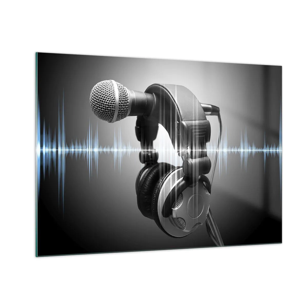 Glasbild - Bild auf glas - Mikrofon mit Kopfhörern vor einem Hintergrund aus Schallwellen - 100x70cm - Du kannst immer noch den Gesang hören - Moderne Wanddekoration für Wohnzimmer und Schlafzimmer ARTTOR
