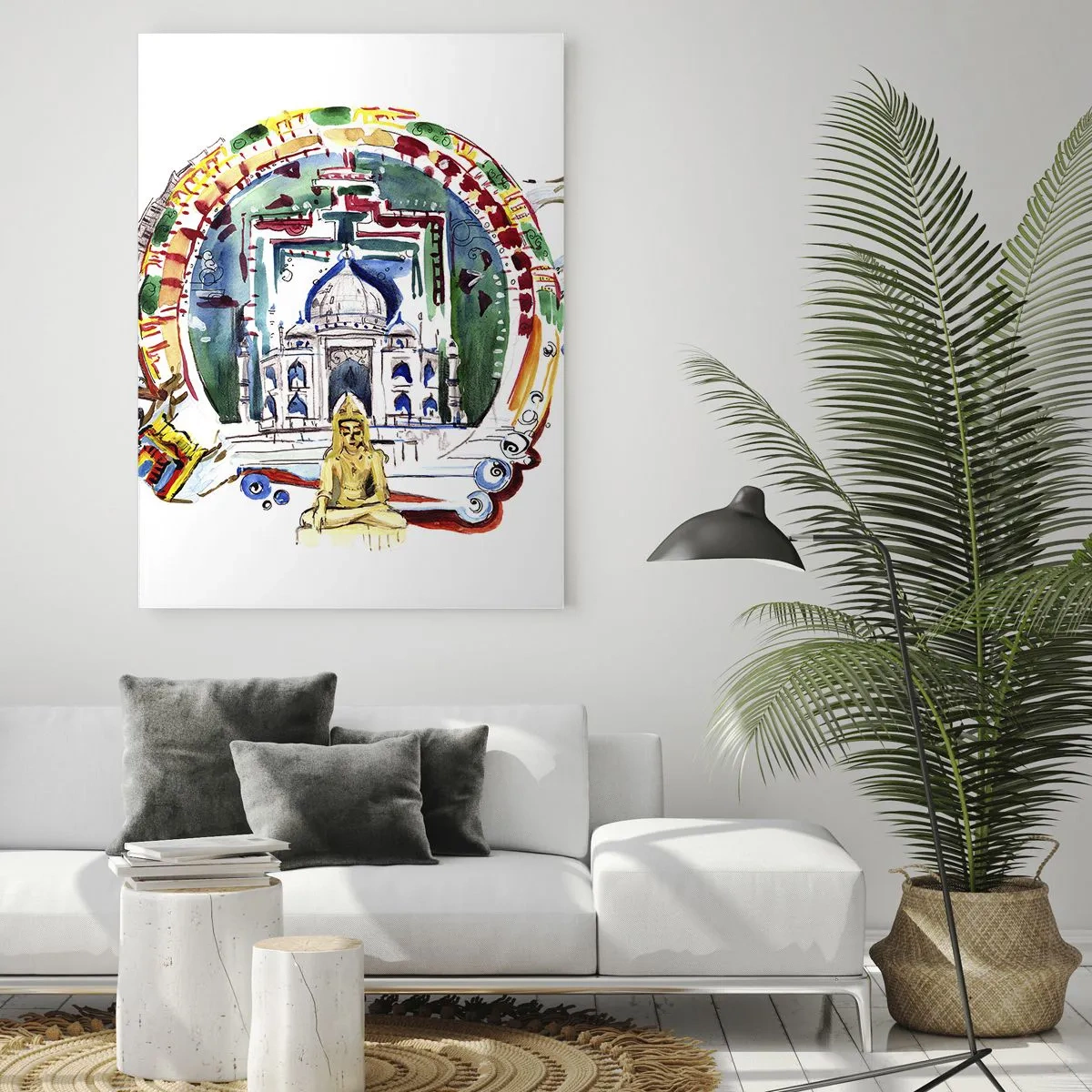 Glasbild - Bild auf glas - Eine farbenfrohe Illustration der indischen Architektur - 80x120cm - Hinduistisches Weltgleichgewicht - Moderne Wanddekoration für Wohnzimmer und Schlafzimmer ARTTOR