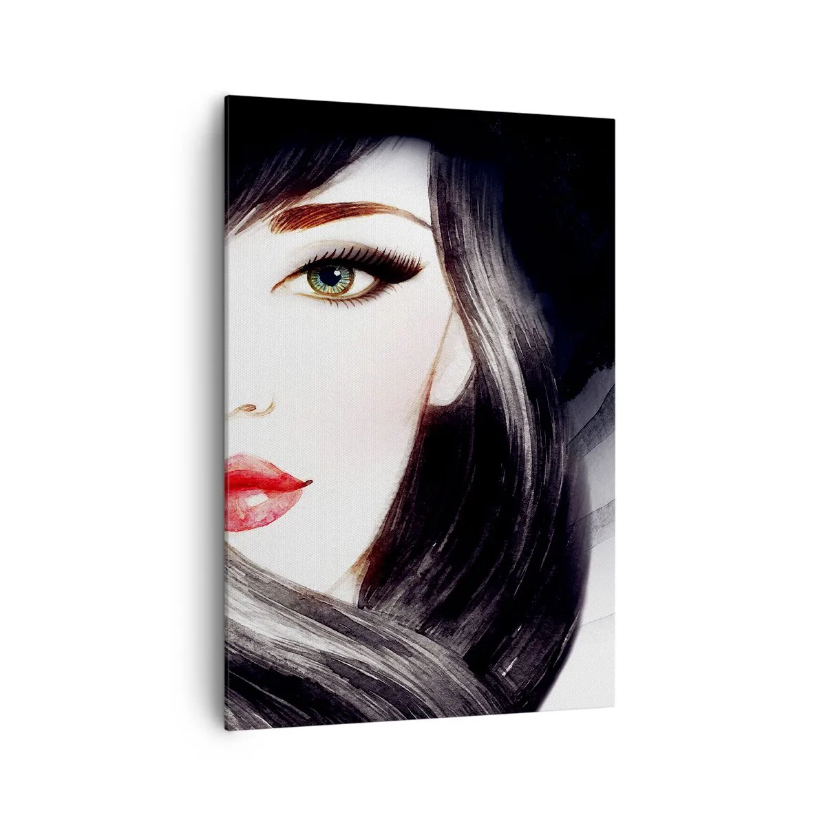 Bild auf Leinwand - Leinwandbild - Porträt einer Frau mit ausdrucksstarkem Blick und roten Lippen - 70x100cm - Saphir-Optik - Moderne Wanddekoration für Wohnzimmer und Schlafzimmer ARTTOR