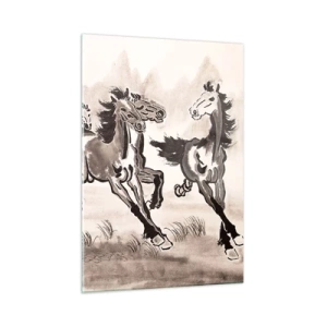 Glasbild - Bild auf glas - Eine Gruppe galoppierender Pferde im chinesischen Stil - 50x70cm - In freudigem Galopp - Moderne Wanddekoration für Wohnzimmer und Schlafzimmer ARTTOR
