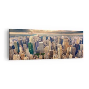 Bild auf Leinwand - Leinwandbild - Stadtpanorama mit Blick auf Wolkenkratzer bei Sonnenuntergang - 140x50cm - Vergoldete Metropole - Moderne Wanddekoration für Wohnzimmer und Schlafzimmer ARTTOR