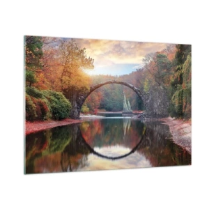 Glasbild - Bild auf glas - Eine Steinbrücke spiegelt sich in einem See inmitten eines herbstlichen Waldes - 100x70cm - Auf der anderen Seite des Spiegels - Moderne Wanddekoration für Wohnzimmer und Schlafzimmer ARTTOR