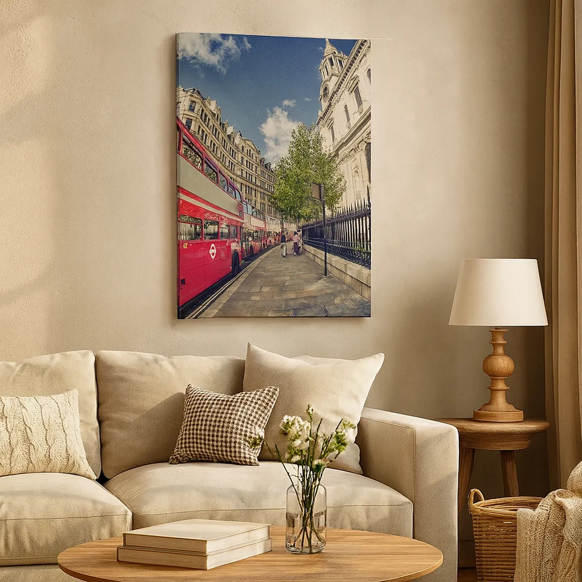 Bild auf Leinwand - Leinwandbild - Roter Doppeldeckerbus in London in der Nähe der Straße und der Kathedrale - 50x70cm - Londoner Straße in Grau und Rot - Moderne Wanddekoration für Wohnzimmer und Schlafzimmer ARTTOR