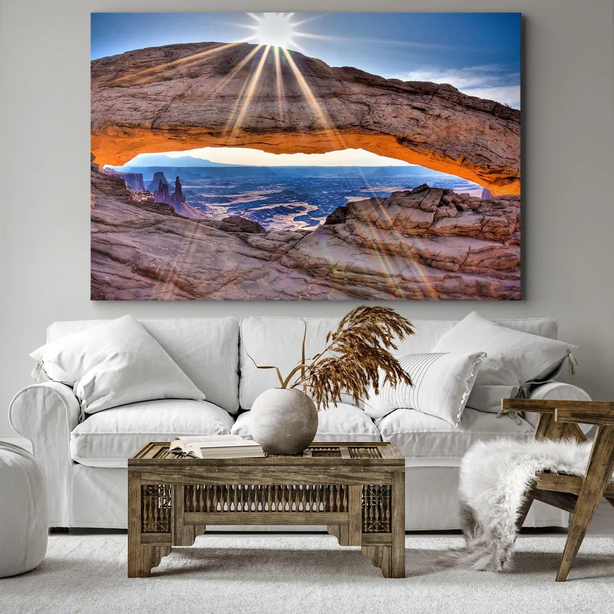 Bild auf Leinwand - Leinwandbild - Felsbogen mit Blick auf den Canyon bei Sonnenaufgang - 100x70cm - Durch das Felsentor - Moderne Wanddekoration für Wohnzimmer und Schlafzimmer ARTTOR