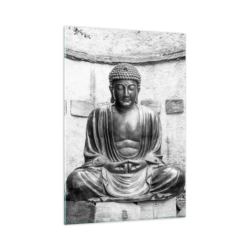 Glasbild - Bild auf glas - Schwarz-weiße Buddha-Statue in meditativer Pose - 80x120cm - An der Quelle des Friedens - Moderne Wanddekoration für Wohnzimmer und Schlafzimmer ARTTOR
