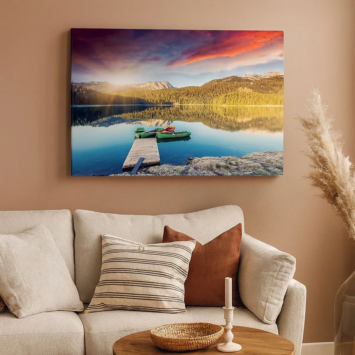 Bild auf Leinwand - Leinwandbild - Sonnenuntergang über dem See mit Booten am Pier - 70x50cm - Glatt wie ein Spiegel über dem Wasser - Moderne Wanddekoration für Wohnzimmer und Schlafzimmer ARTTOR