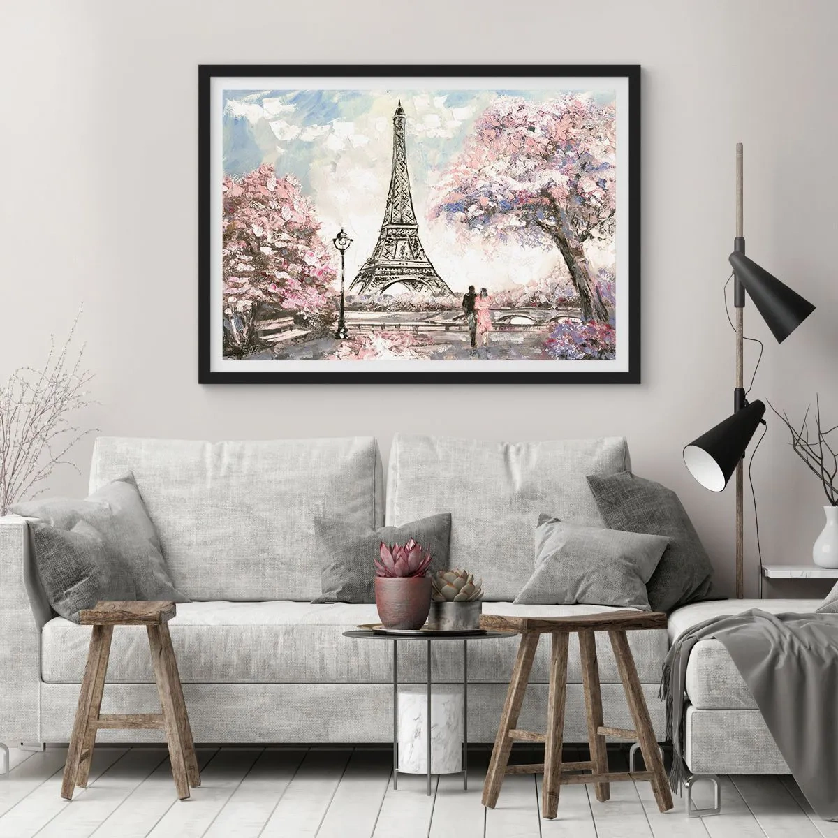 Poster in einem schwarzem Rahmen - Der Eiffelturm, umgeben von blühenden Bäumen - 100x70cm - Aprilspaziergang durch Paris - Moderne Wanddekoration für Wohnzimmer und Schlafzimmer ARTTOR
