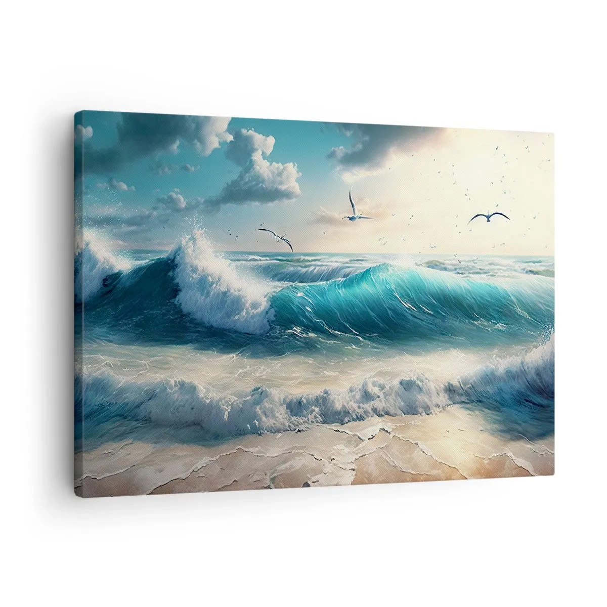 Bild auf Leinwand - Leinwandbild - Meereswellen am Strand unter blauem Himmel mit Möwen - 70x50cm - Es summt nur für dich - Moderne Wanddekoration für Wohnzimmer und Schlafzimmer ARTTOR