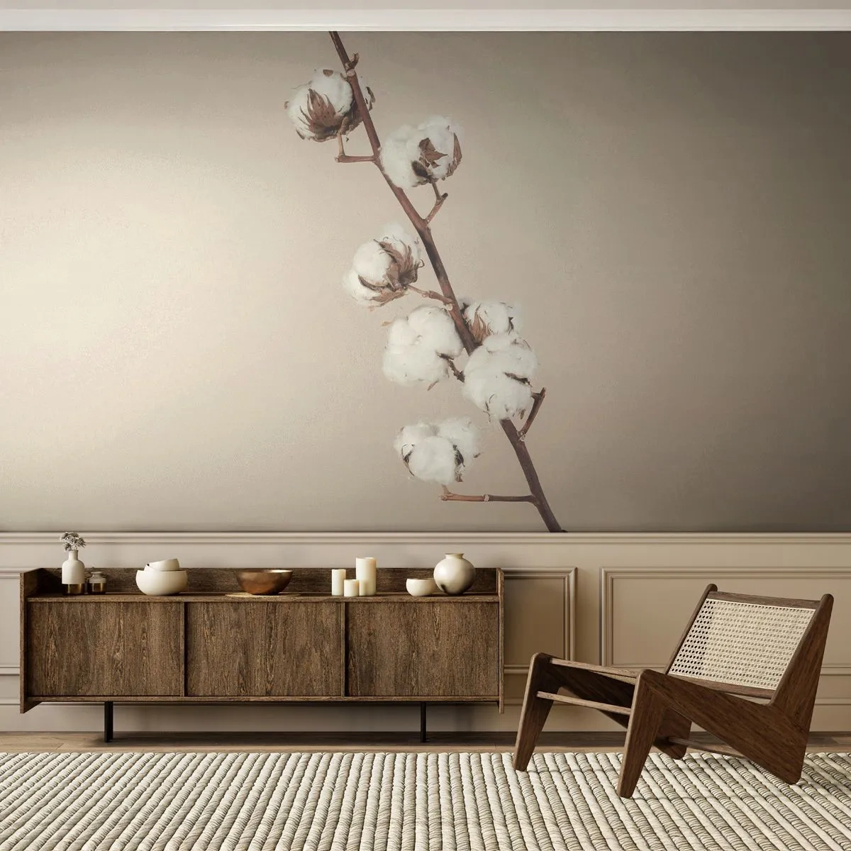 Fototapete Premium Canvas - An der Quelle der Weichheit - Baumwollblume, Natur, Baumwolle - 300x210 cm