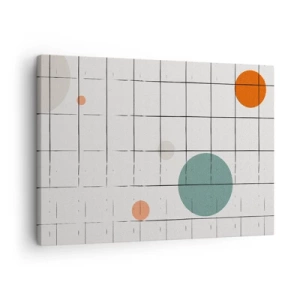 Bild auf Leinwand - Leinwandbild - Abstrakte farbige Kreise auf einem geometrischen Gitterhintergrund - 70x50cm - Gefangen. Wir oder sie? - Moderne Wanddekoration für Wohnzimmer und Schlafzimmer ARTTOR