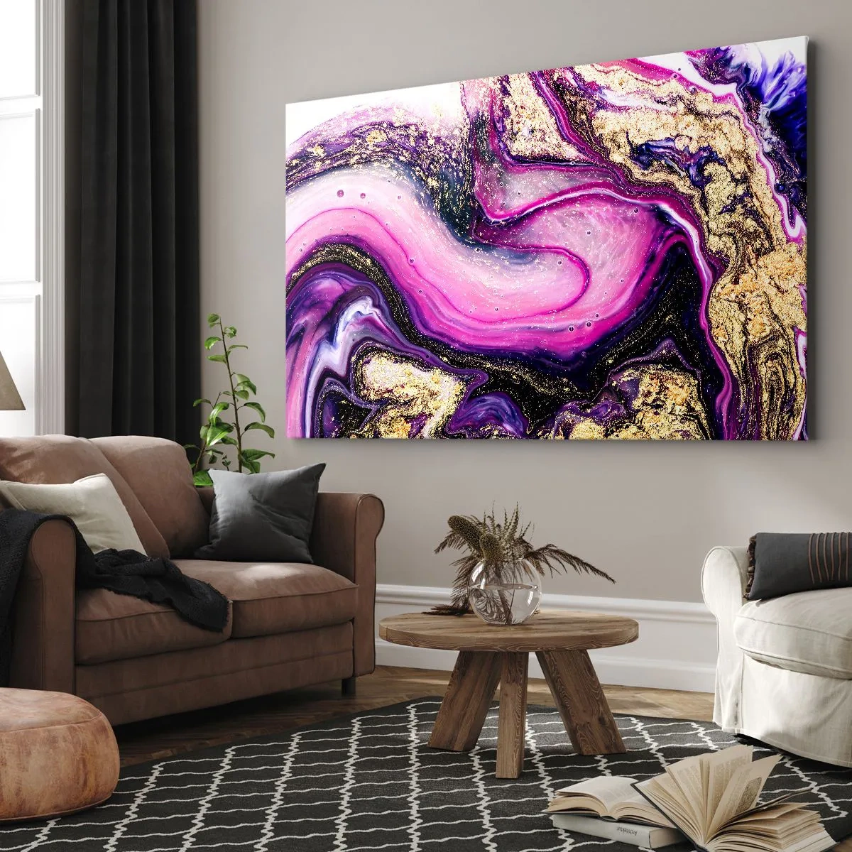 Bild auf Leinwand - Leinwandbild - Abstrakte Wellen in Lila- und Goldtönen - 120x80cm - Ein Moment hinter den Kulissen - Moderne Wanddekoration für Wohnzimmer und Schlafzimmer ARTTOR