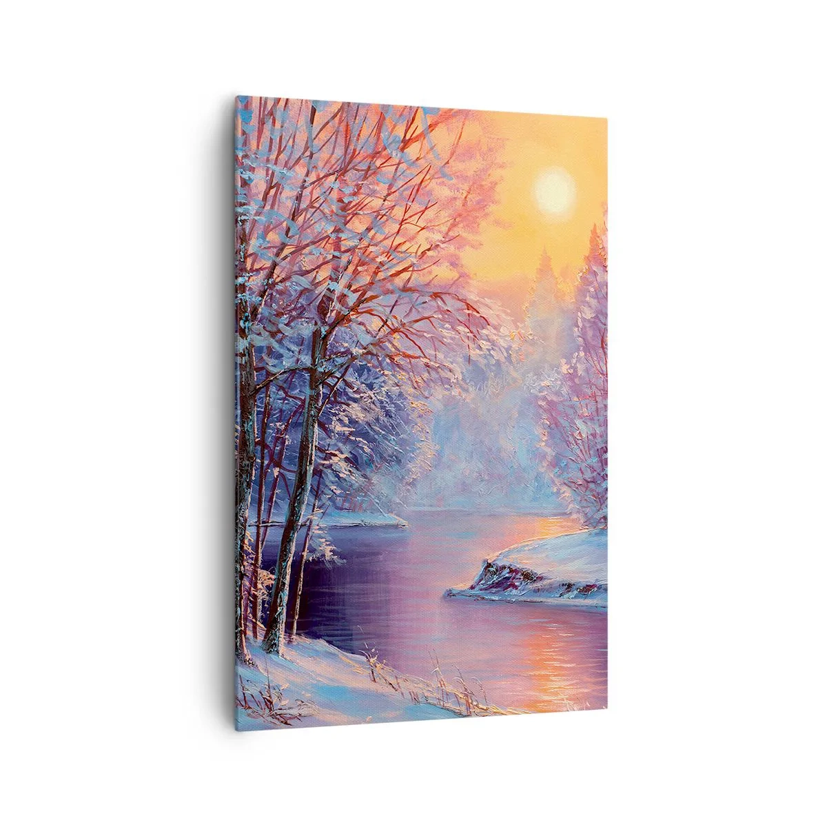 Bild auf Leinwand - Leinwandbild - Winterlandschaft mit Fluss und Bäumen bei Sonnenaufgang - 80x120cm - Die Farben des Winters - Moderne Wanddekoration für Wohnzimmer und Schlafzimmer ARTTOR