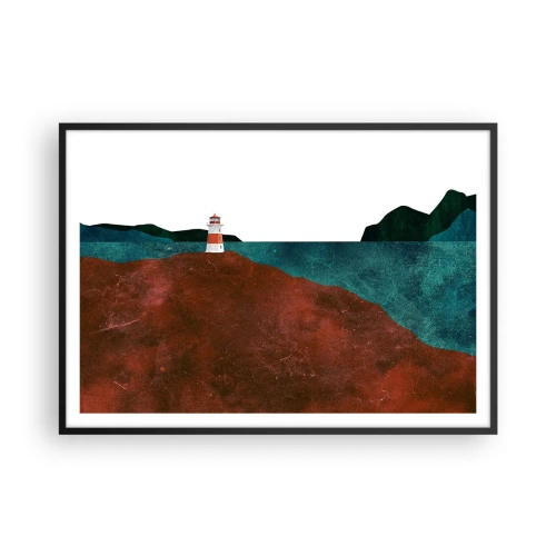 Poster in einem schwarzem Rahmen - Ein Leuchtturm vor der Kulisse von Bergen und Meer - 100x70cm - Aufs Meer starren - Moderne Wanddekoration für Wohnzimmer und Schlafzimmer ARTTOR