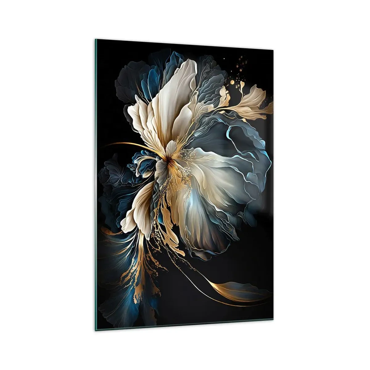 Glasbild - Bild auf glas - Eine Blume in Gold- und Marineblautönen auf schwarzem Hintergrund - 70x100cm - Märchenhafte Farnblume - Moderne Wanddekoration für Wohnzimmer und Schlafzimmer ARTTOR