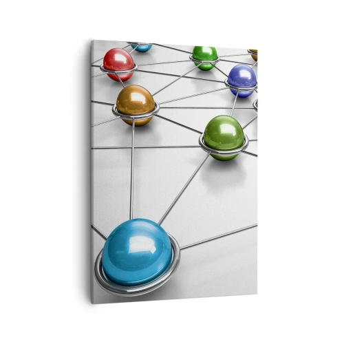 Bild auf Leinwand - Leinwandbild - Bunte Kugeln, die durch dünne Linien auf weißem Hintergrund verbunden sind - 50x70cm - Kosmisches Spinnennetz - Moderne Wanddekoration für Wohnzimmer und Schlafzimmer ARTTOR