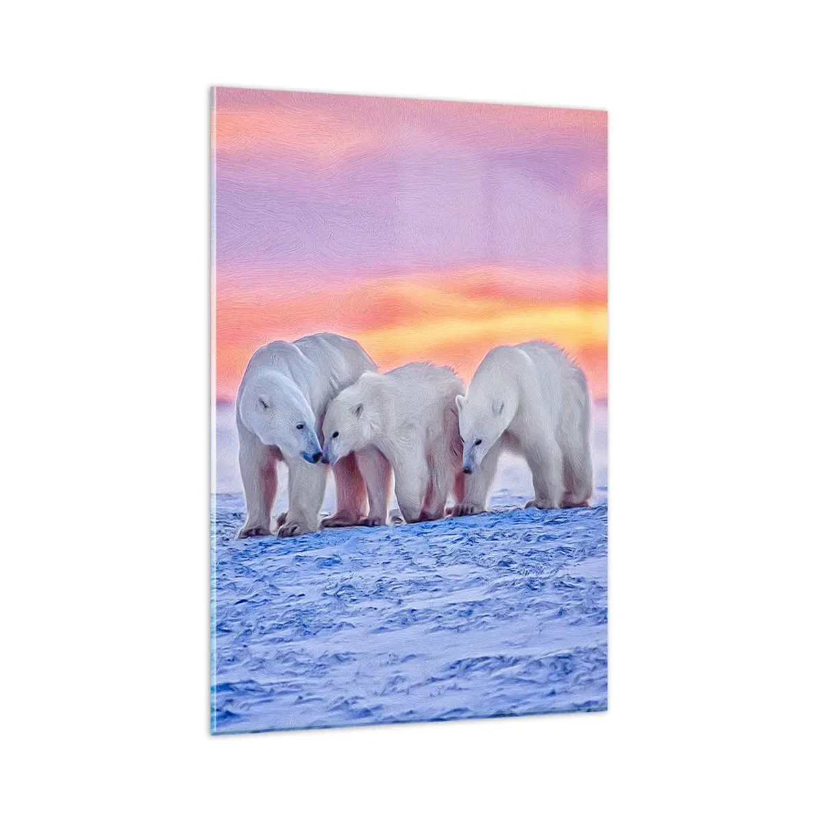 Glasbild - Bild auf glas - Drei Eisbären vor dem Hintergrund eines arktischen Sonnenuntergangs - 80x120cm - Familienwärme ist genug - Moderne Wanddekoration für Wohnzimmer und Schlafzimmer ARTTOR