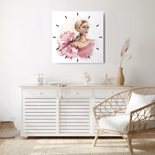 Wanduhr - Glasuhr - Porträt einer Frau in einem rosa Kleid vor hellem Hintergrund - 30x30cm - Wie gemalt ... - Moderne Wanddekoration für Wohnzimmer und Schlafzimmer ARTTOR