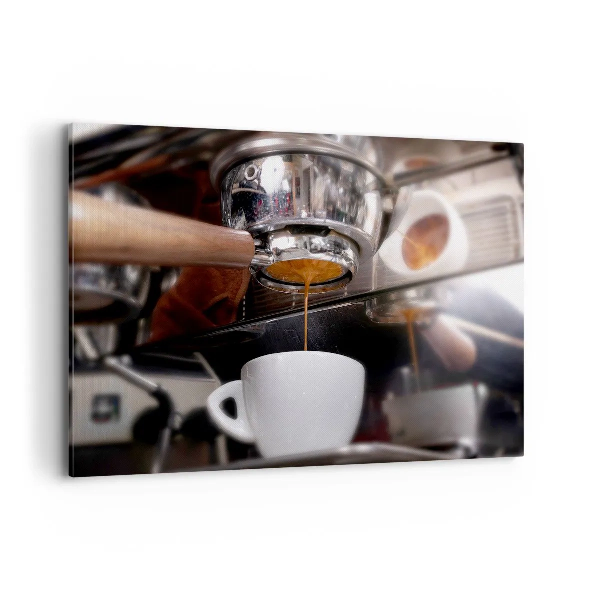 Bild auf Leinwand - Leinwandbild - Nahaufnahme einer Kaffeemaschine, die einen frischen Espresso zubereitet - 100x70cm - Gute Zeit des Tages - Moderne Wanddekoration für Wohnzimmer und Schlafzimmer ARTTOR