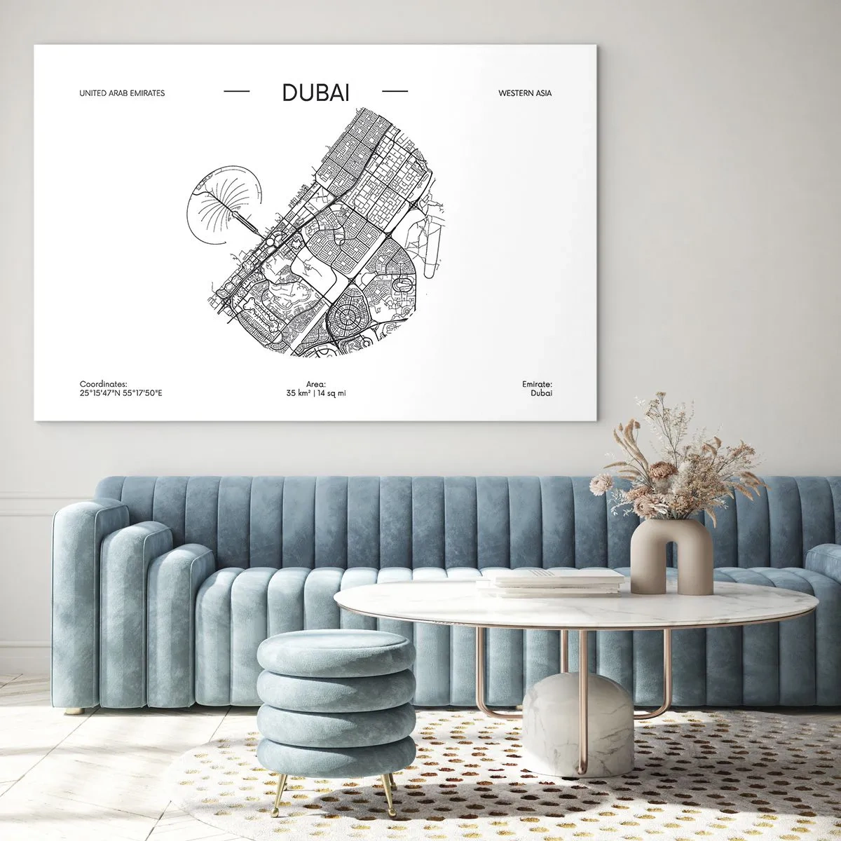 Glasbild - Bild auf glas - Eine minimalistische Karte von Dubai im Schwarz-Weiß-Stil. - 70x50cm - Anatomie von Dubai - Moderne Wanddekoration für Wohnzimmer und Schlafzimmer ARTTOR