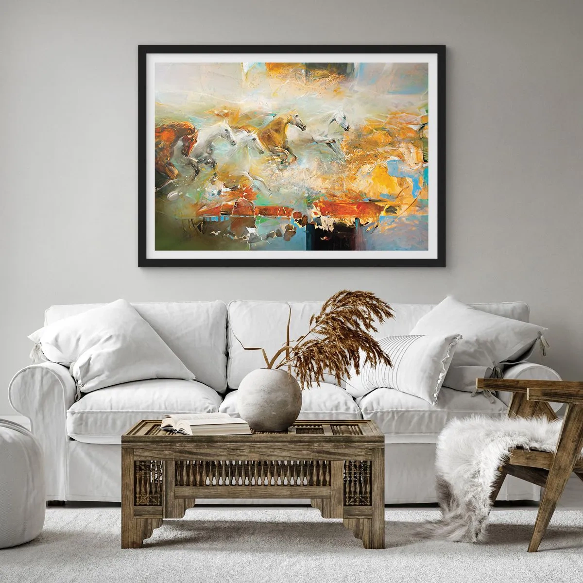 Poster in einem schwarzem Rahmen - Im Galopp durch das Licht - 40x30 cm