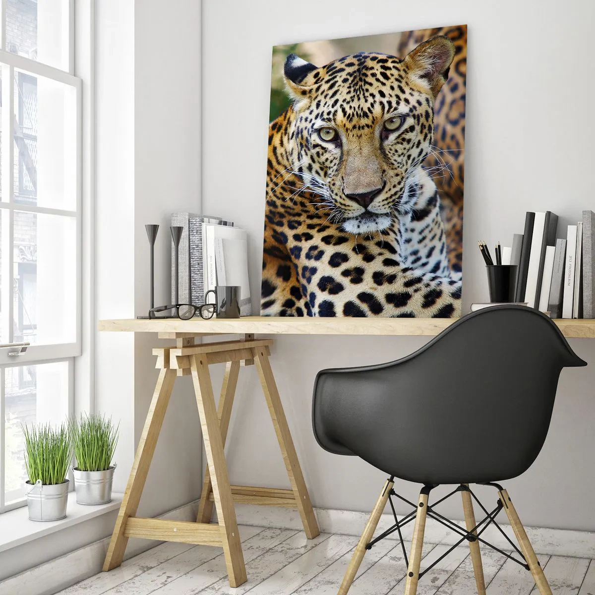 Glasbild - Bild auf glas - Jaguar ruht in natürlicher Umgebung vor grünem Hintergrund. - 80x120cm - Wild und ruhig - Moderne Wanddekoration für Wohnzimmer und Schlafzimmer ARTTOR